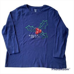 Kim Rogers Perfectly Soft Navy Blue Long Sleeve “Holly Jolly” Size XXL Petite